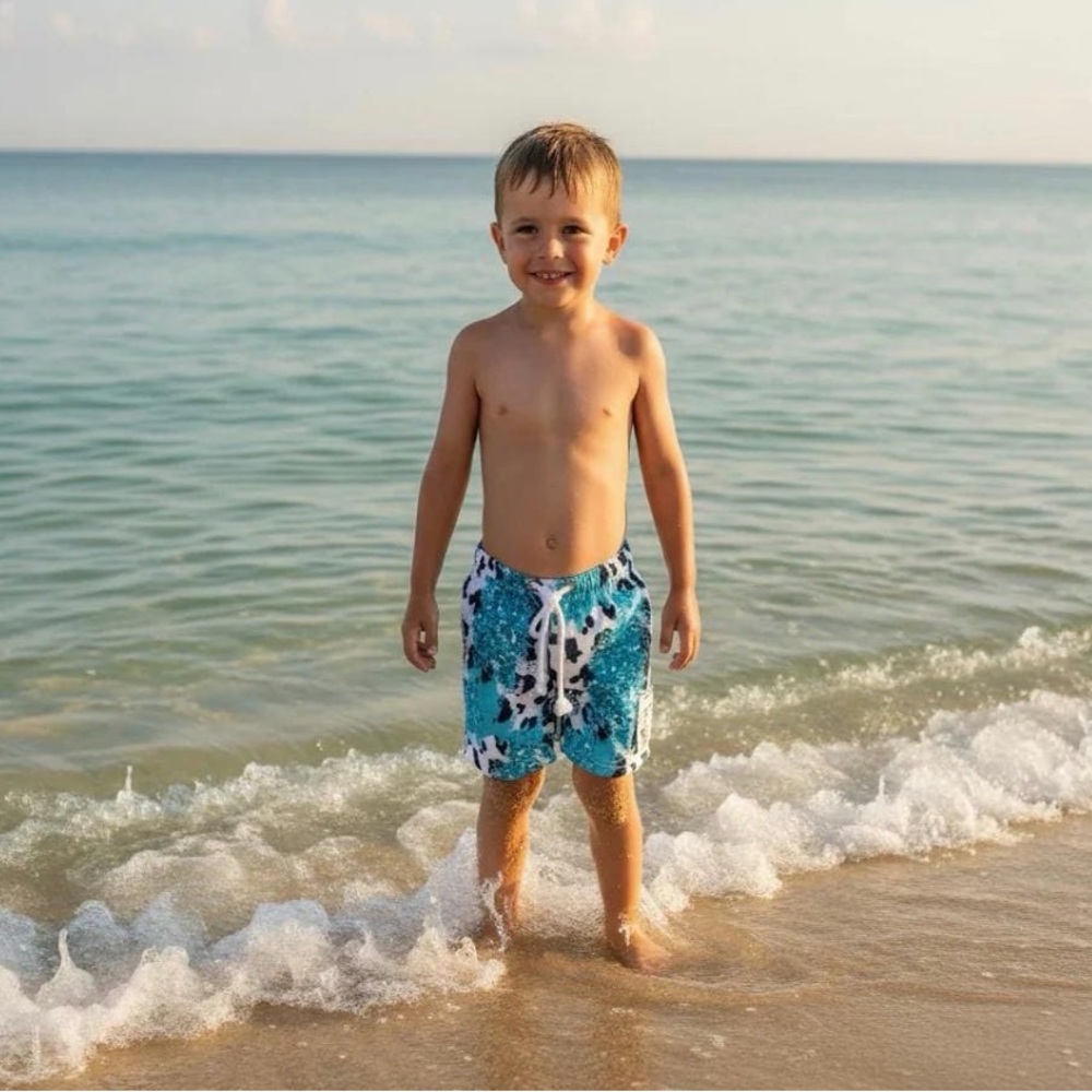 Boys Cow Print Swim Trunks • Turquoise Western Cowhide Shorts